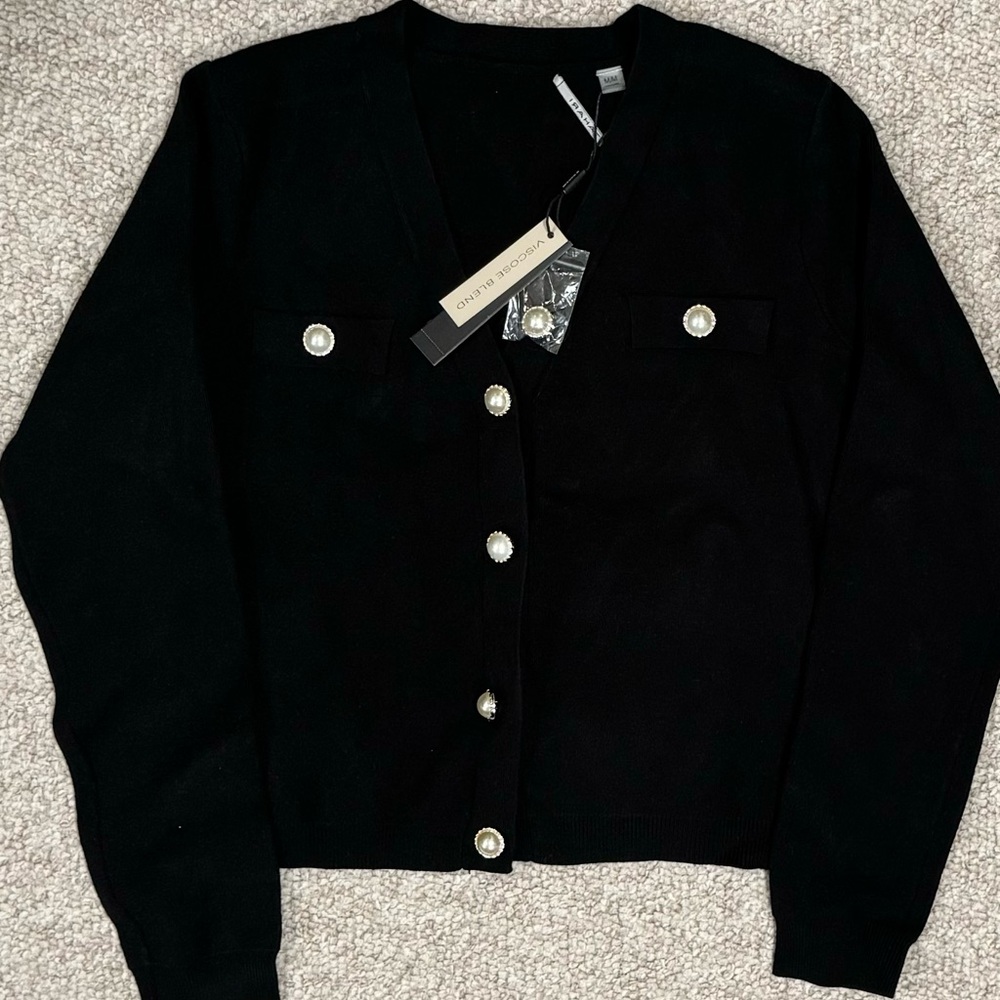 T Tahari cardigan with pearl buttons, black, medium